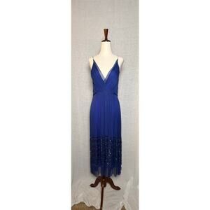 Saja Blue Silk Beaded Spaghetti Strap  Midi Dress